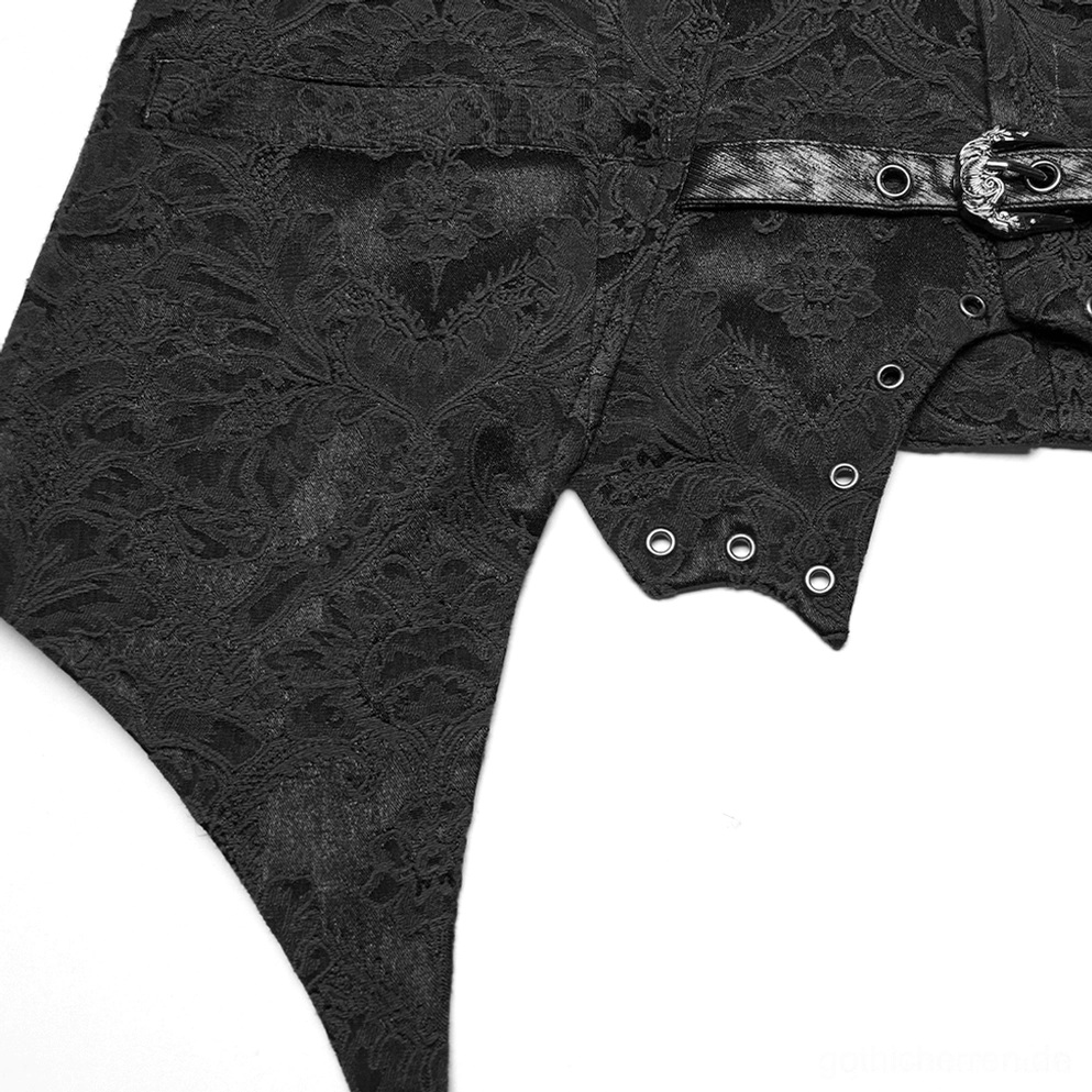 Schwarze Gothic Jacquard Anzugweste Gesamtdesign mit Fledermauss-Saum, Metallschnallen, Kunstlederrevers und Damast-Muster