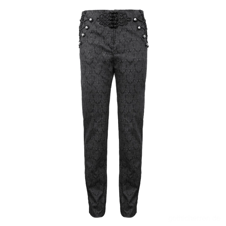 Schwarze Gothic Vintage Jacquard Röhrenhose Flat-Lay Vorderansicht, zeigt High-Waist-Design mit zentraler bestickter Schnürverzierung und Silberknopf-Seitenverzierungen auf reinem weißen Hintergrund