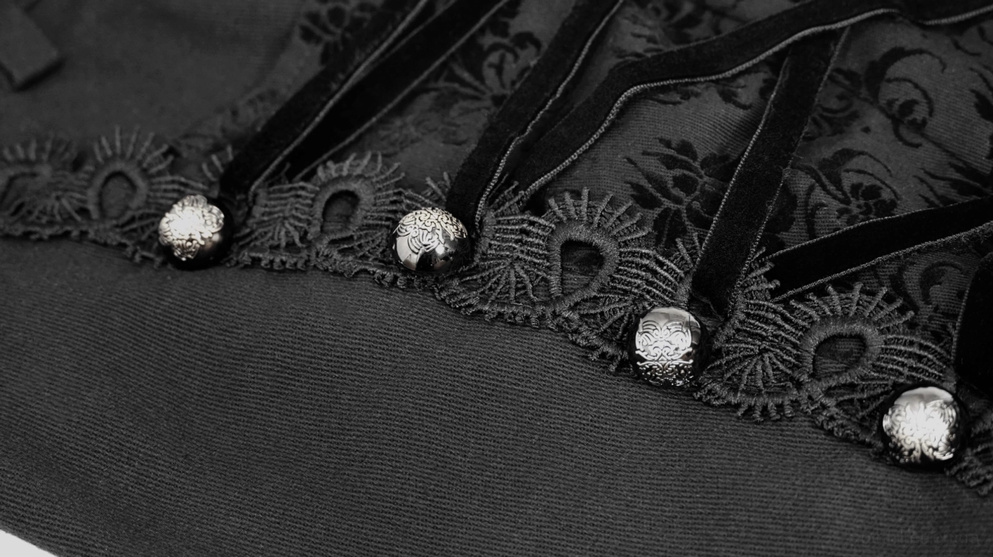 Schwarze Gothic Jacquard-Röhrenhose komplette Produktübersicht, alle Design-Elemente und Proportionen zeigend, Slim-Fit-Silhouette mit Spitzenpaneelen, Metallschnalle und Jacquard-Webstruktur