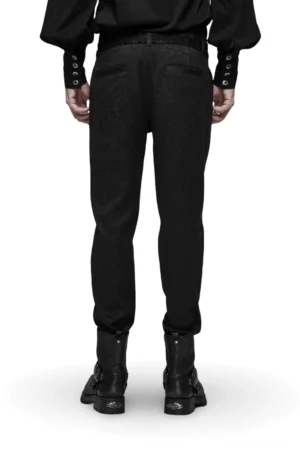 Schwarze Gothic Jacquard Slim-Fit Röhrenhose Rückansicht mit strukturierten Gesäßtaschen, taperer Beinform und detailliertem Spitzenbesatz am Bund