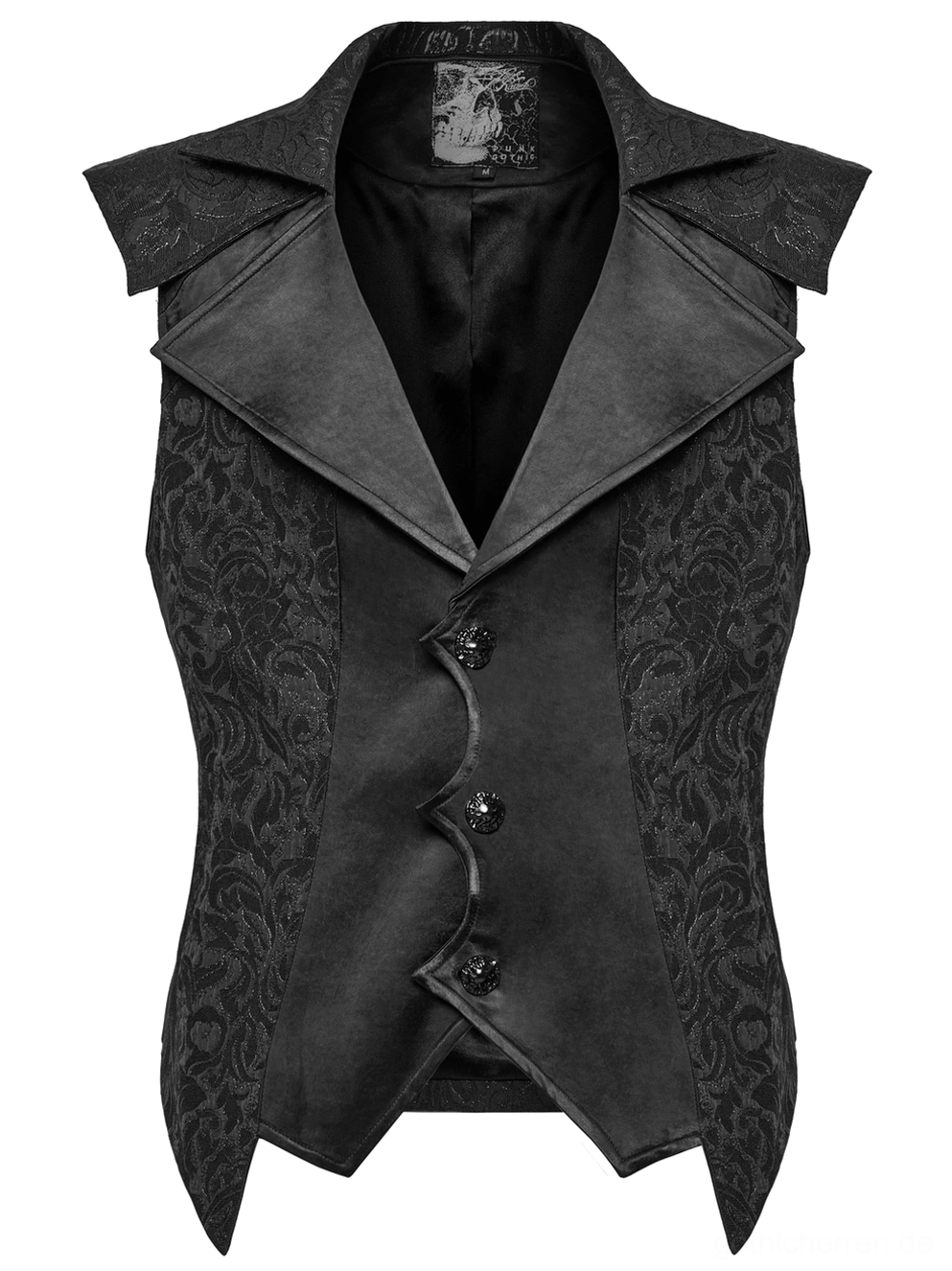 Schwarze Gothic Jacquard Weste Front Flat-Lay mit asymmetrischem Knopfverschluss, spitz zulaufendem unteren Saum, gemischtem Jacquard-Seitenpaneel Detail