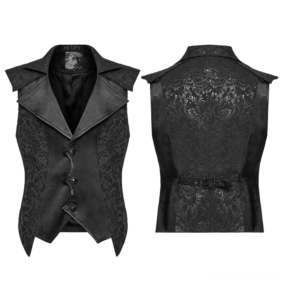 Schwarze Gothic Jacquard Weste Flat-Lay Front- und Rückvergleich mit Notch-Revers, Zierknöpfe, Rückenschnalle, asymmetrischer Verschluss, Produktfotografie