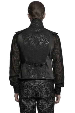 Schwarze Gothic Jacquard Weste Rückansicht auf Model mit Damast-Muster Rückenpaneel, maßgeschneiderter Taillenschnalle, passende gemusterte Hose, vollständige Körperansicht