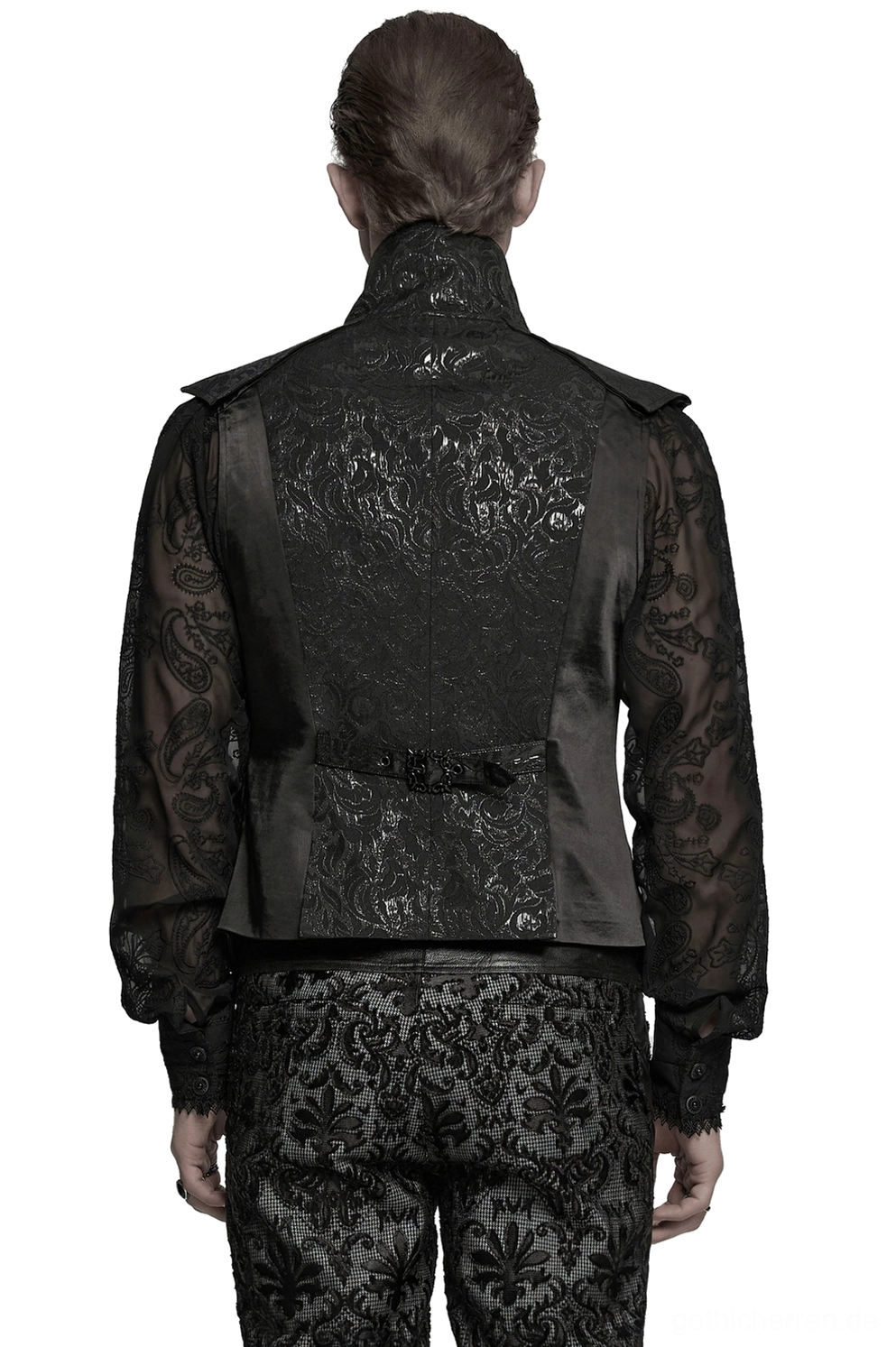 Schwarze Gothic Jacquard Weste Rückansicht auf Model mit Damast-Muster Rückenpaneel, maßgeschneiderter Taillenschnalle, passende gemusterte Hose, vollständige Körperansicht