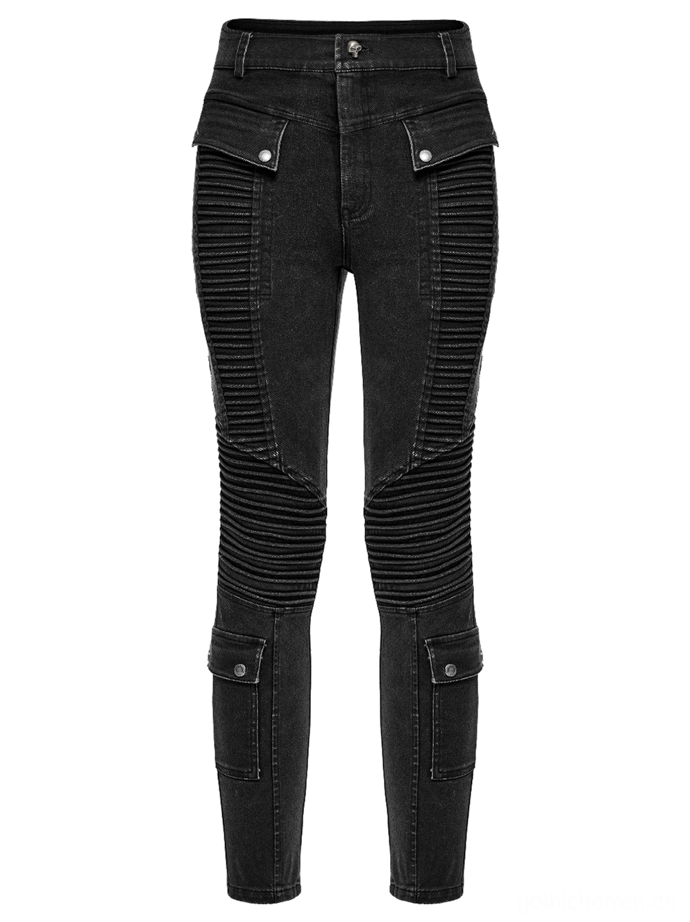 Schwarze gothic punk skinny jeans vorderdetail flachlage - gerippte kniepanelkonstruktion frontklappentaschendesign und metalldruckknöpfe auf gewaschenem denim