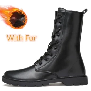 Herren schwarze Gothic-Kampfstiefel mit Pelzfutter – Schnürstiefel mit gemütlicher Plüsch-Innenfütterung für warmen Winter Komfort
