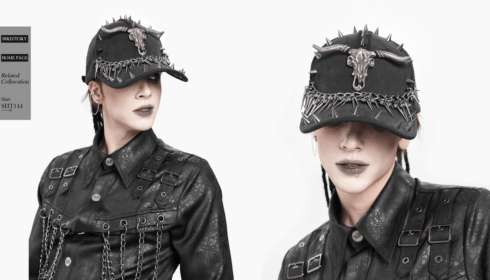 Schwarze Gothic Kappe Profilansicht zeigt Metallspitzen und Gliederketten – Demonstrationsansicht der Kappenform und Silhouette
