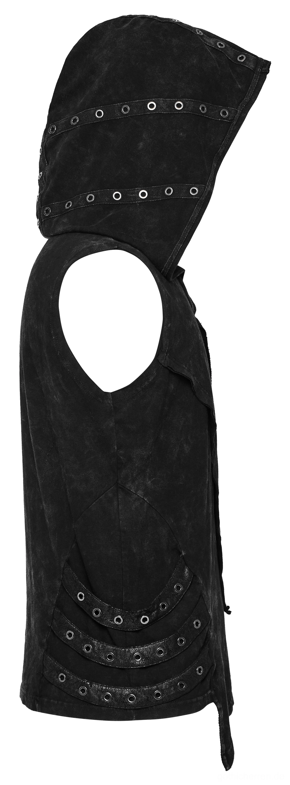Seitenansicht Flat-Lay schwarze Gothic Kapuzen-Weste zeigt ärmellose Armhöhle, Kapuzen-Ösen und Saumdetails