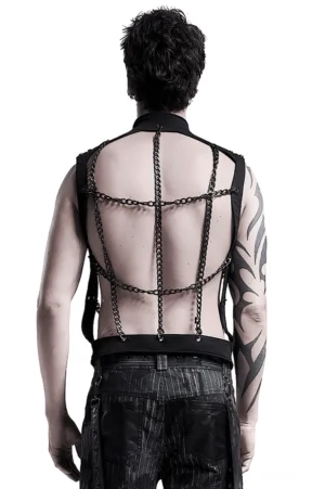 Schwarze Gothic Kettenwest Rückenansicht ohne Rücken, Kreuzketten-Rasterstruktur, Kettentaille fitted Waistband, Detail Rückseite