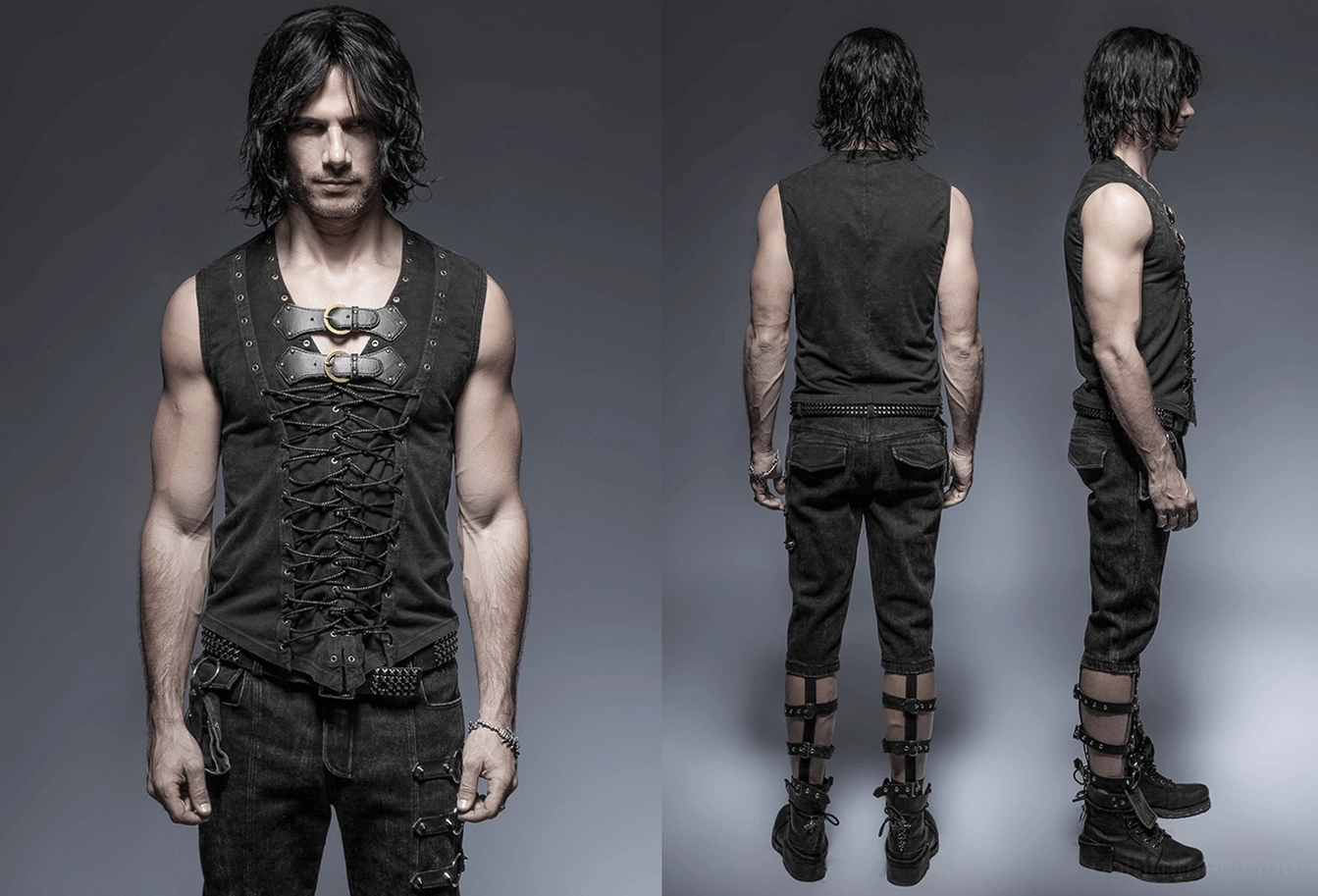 Alternative Perspektive schwarze Gothic Korsett-Weste zeigt ärmellose Design, Schnallen-Platzierung, Garmentstruktur-Details, Gesamtkonstruktion und Handwerk