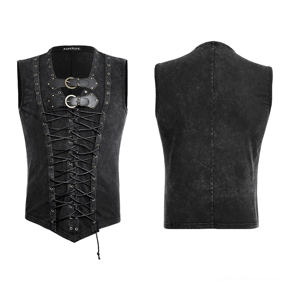 Schwarze verwachsene Gothic Korsett-Weste flache Ansicht Vorder- und Rückseite, zeigt Metallösen, Messingschnallen-Hardware, gesamtes Garment-Design