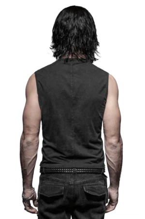 Schwarze Gothic Korsett-Weste Rückansicht auf männlichem Modell, zeigt solides Rückenpanel, strukturierte Silhouette, sleeveless Design, gesamte Garmentstruktur
