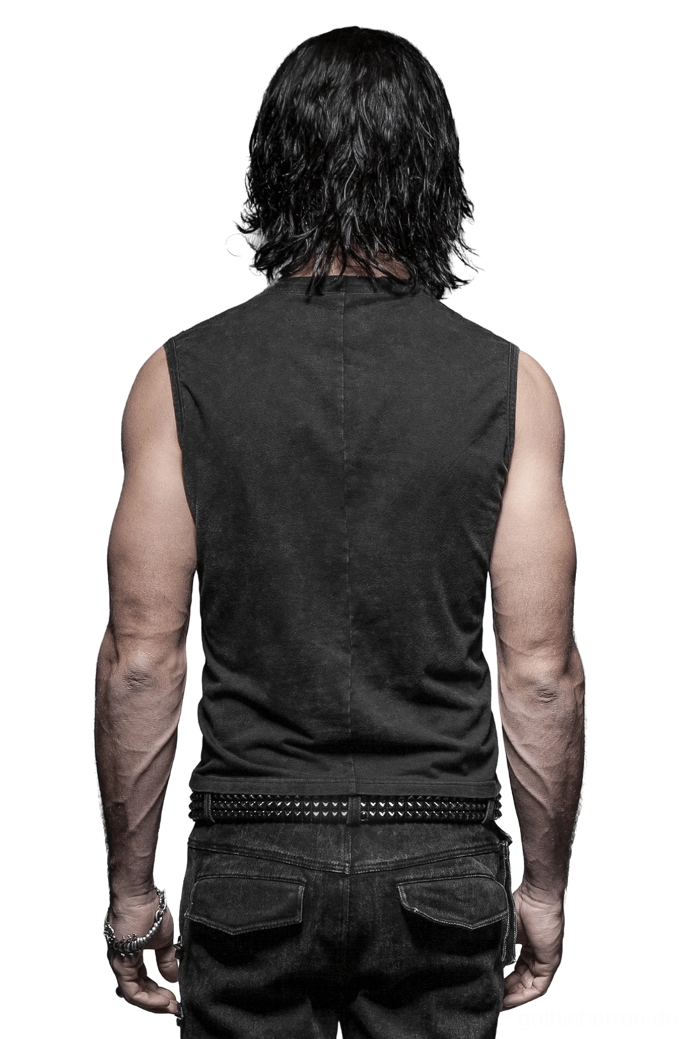 Schwarze Gothic Korsett-Weste Rückansicht auf männlichem Modell, zeigt solides Rückenpanel, strukturierte Silhouette, sleeveless Design, gesamte Garmentstruktur