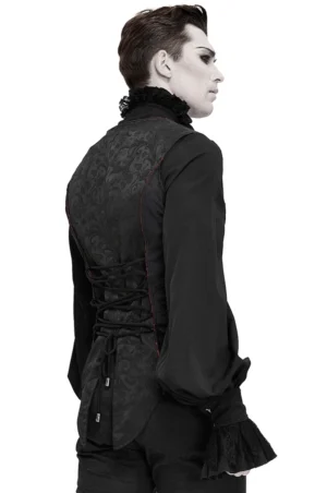 Schwarze Gothic Korsett Weste mit Schnürung hinten und roter Paspelierung, getragen von männlichem Goth-Model in Rückansicht, dramatische Silhouette