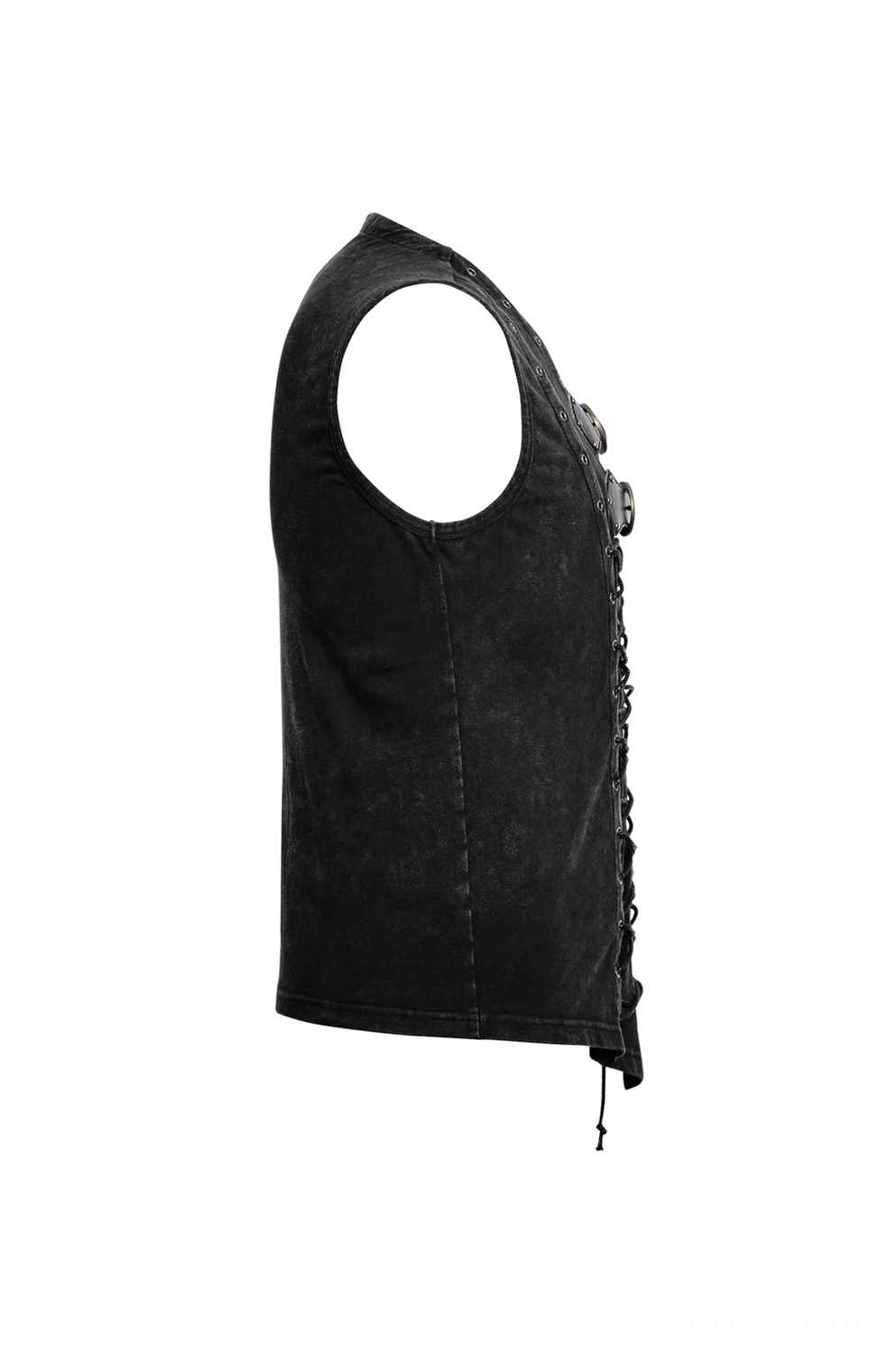 Schwarze Gothic Korsett-Weste Seitenprofil auf männlichem Modell, zeigt untere Rücken Schnürungs-Detail, verwaschenes Stoff-Finish, gesamte Garment-Silhouette