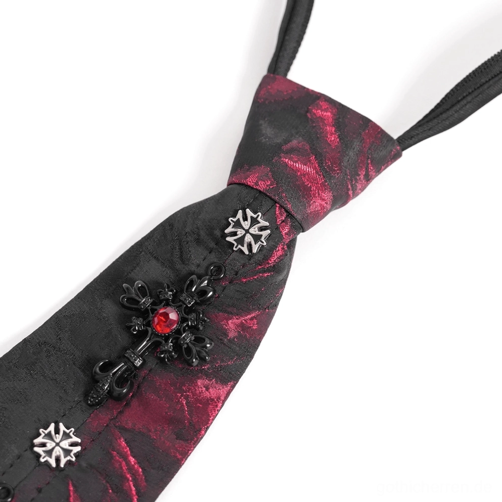 Rückansicht der schwarzen Gothic Krawatte mit roten Rosen auf Schneiderpuppe, zeigt Gummiband-Tragevorrichtung und vordere kristalline Verzierungen zum einfachen Anziehen