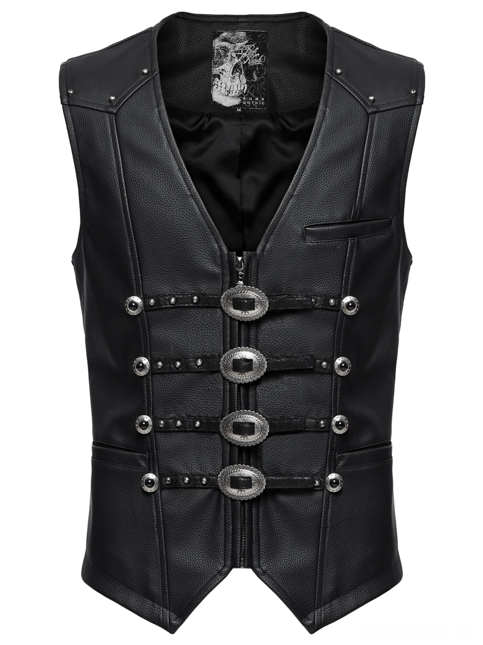 Schwarze Gothic Kunstleder-Anzugweste Flat-Lay Vorderansicht mit Nieten-Metalldekoration und Schnallenverschlüssen