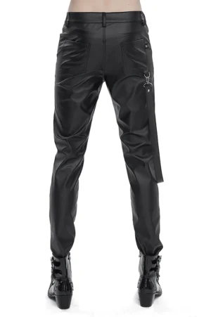 Schwarze Gothic Lederhose mit abnehmbaren Seitengurten und metallischen dekorativen Schnallen in direkter Vorderansicht auf reinem weißem Hintergrund
