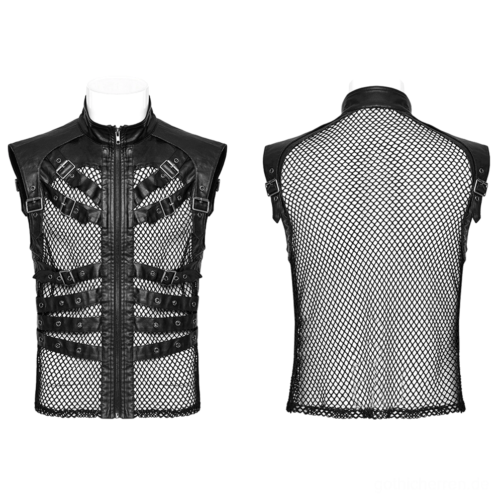 Flache Auslegung schwarzer Gothic-Lederweste mit Vorder- und Rückansicht auf Mannequin, zeigt Reißverschluss, Schnallengurte und durchgängiges Mesh-Design