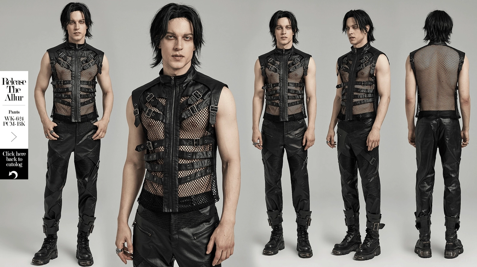 Produktübersicht schwarze Gothic-Reißverschluss-Lederweste mit allen Winkeln und Designmerkmalen inklusive industrieller Ästhetik und Mesh-Details