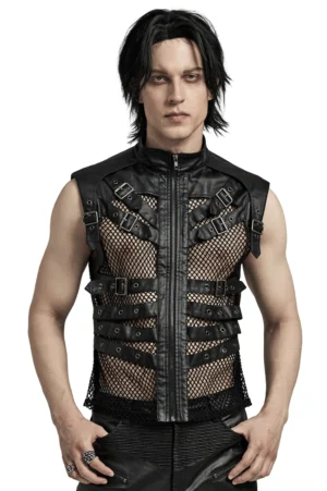 Schwarze Gothic-Lederweste mit Reißverschluss und Mesh-Rückenpanel in Frontalansicht auf männlichem Model, zeigt Standhals und Metallschnallengurte