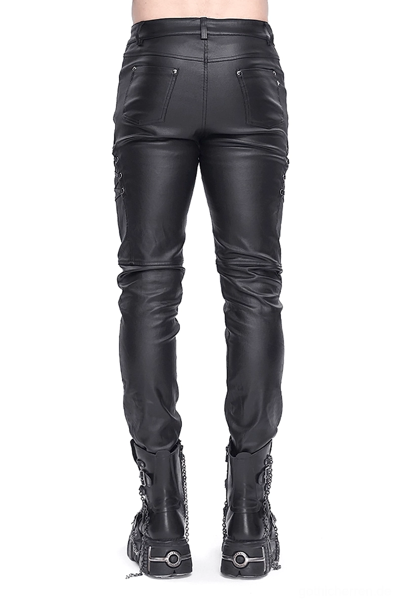 Gothic Lederhose schwarze Herrenhose Rückansicht gesäumte Taschen Lederstruktur Verarbeitung Detail
