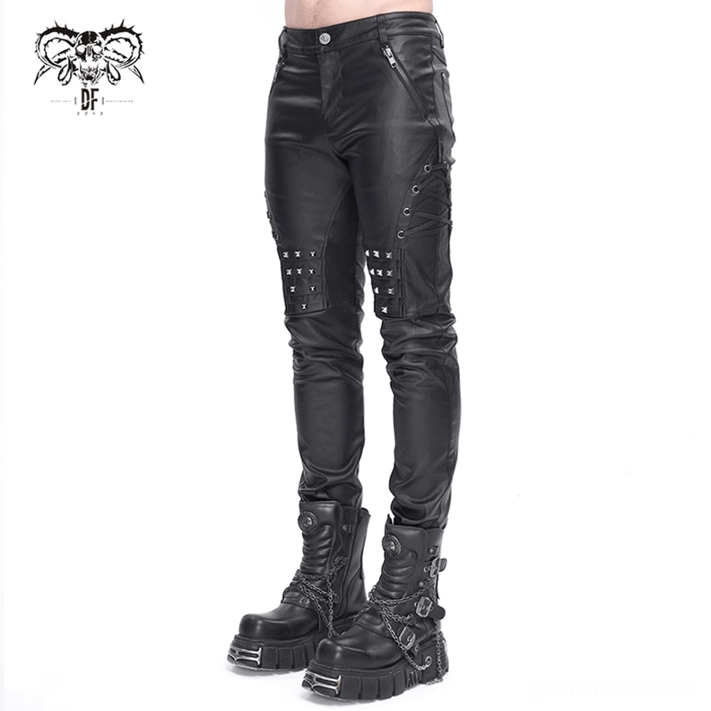 Gothic Lederhose Herren schwarze Hose Metallhardware Konstruktion Nahtverarbeitung Robuste Verarbeitung Nahansicht
