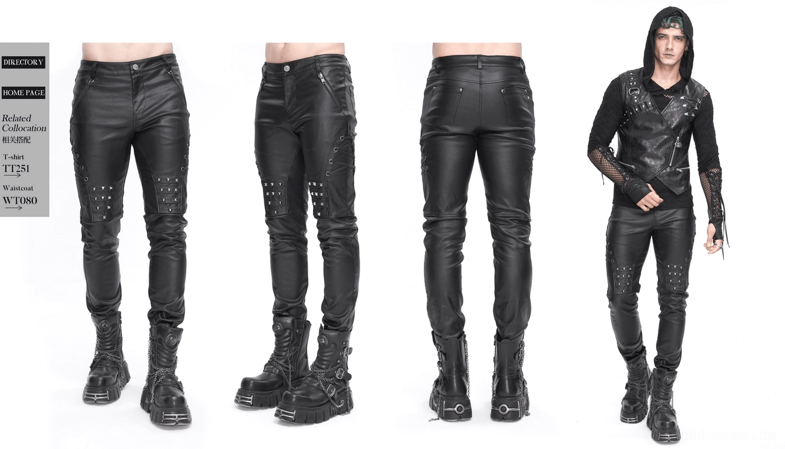 Schwarze Lederhose Knie-Schnürdetail Metallakzente Gothic Herrenmode Decorative Straps Lace-Up-Design Nahaufnahme