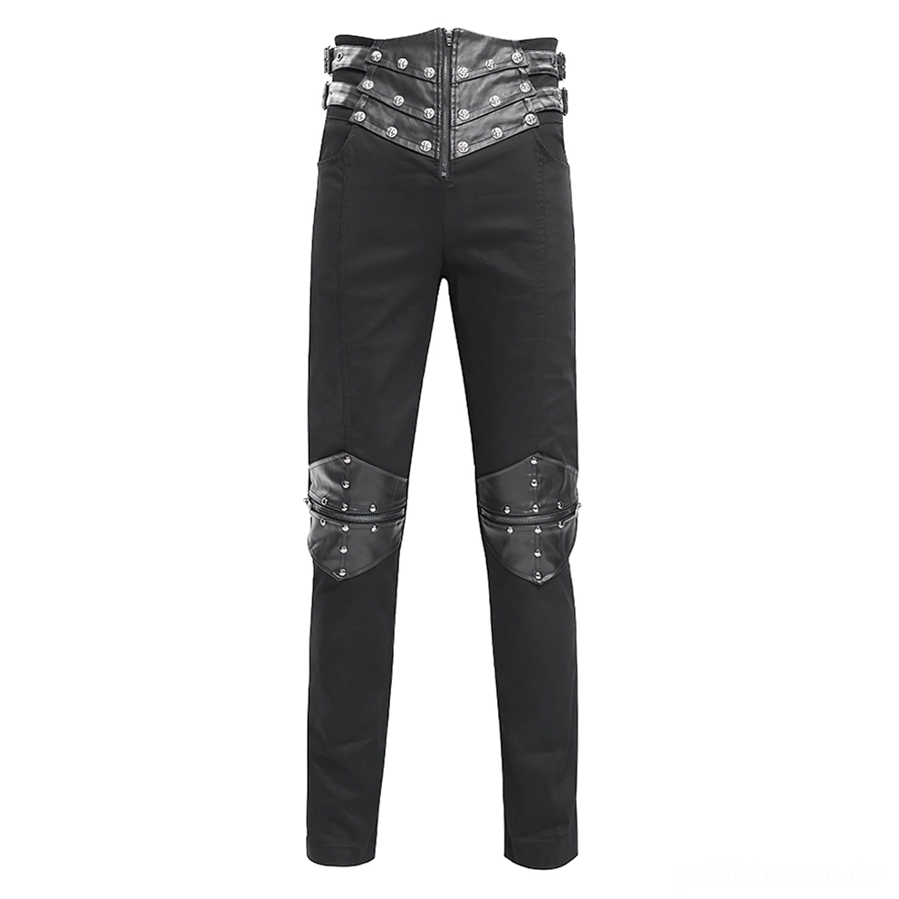 Schwarze Gothic Lederhose Vorderansicht mit Metallreißverschluss, Rivets und hochgeschlossener Taille