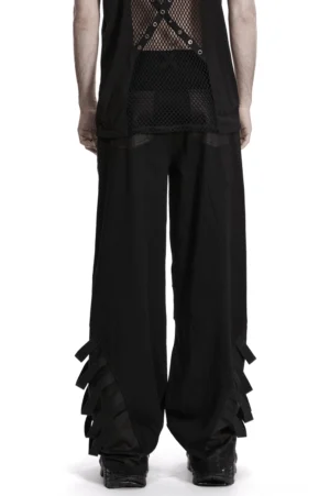 Schwarze Gothic-Lederhose von hinten, die X-förmige Rückenbund-Dekoration und ausgefranste Saumdetails zeigt