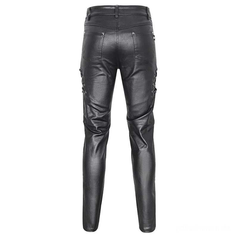 Schwarze Gothic Lederhose Herrenhose Rückansicht gerade Blick klassisches Gesäßtaschendesign Passformdetail