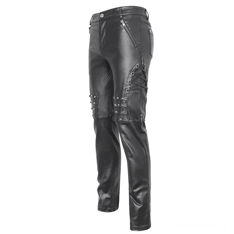 Gothic Lederhose Seitenansicht Metallreißverschlusstasche Schnür-Stud-Details Industrial Ästhetik Herrenhose