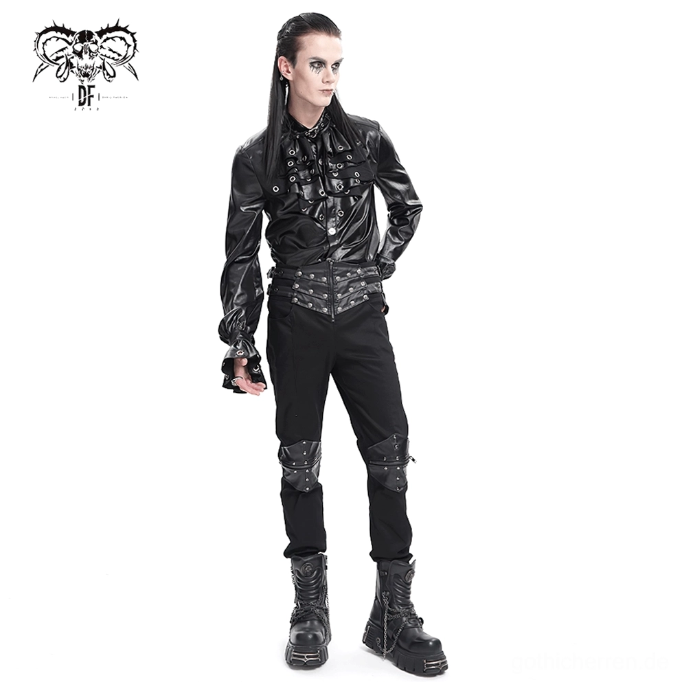 Volle Längenseitenprofilansicht schwarze Gothic Lederhose mit Lederakzenten und Slim-Fit-Schnitt