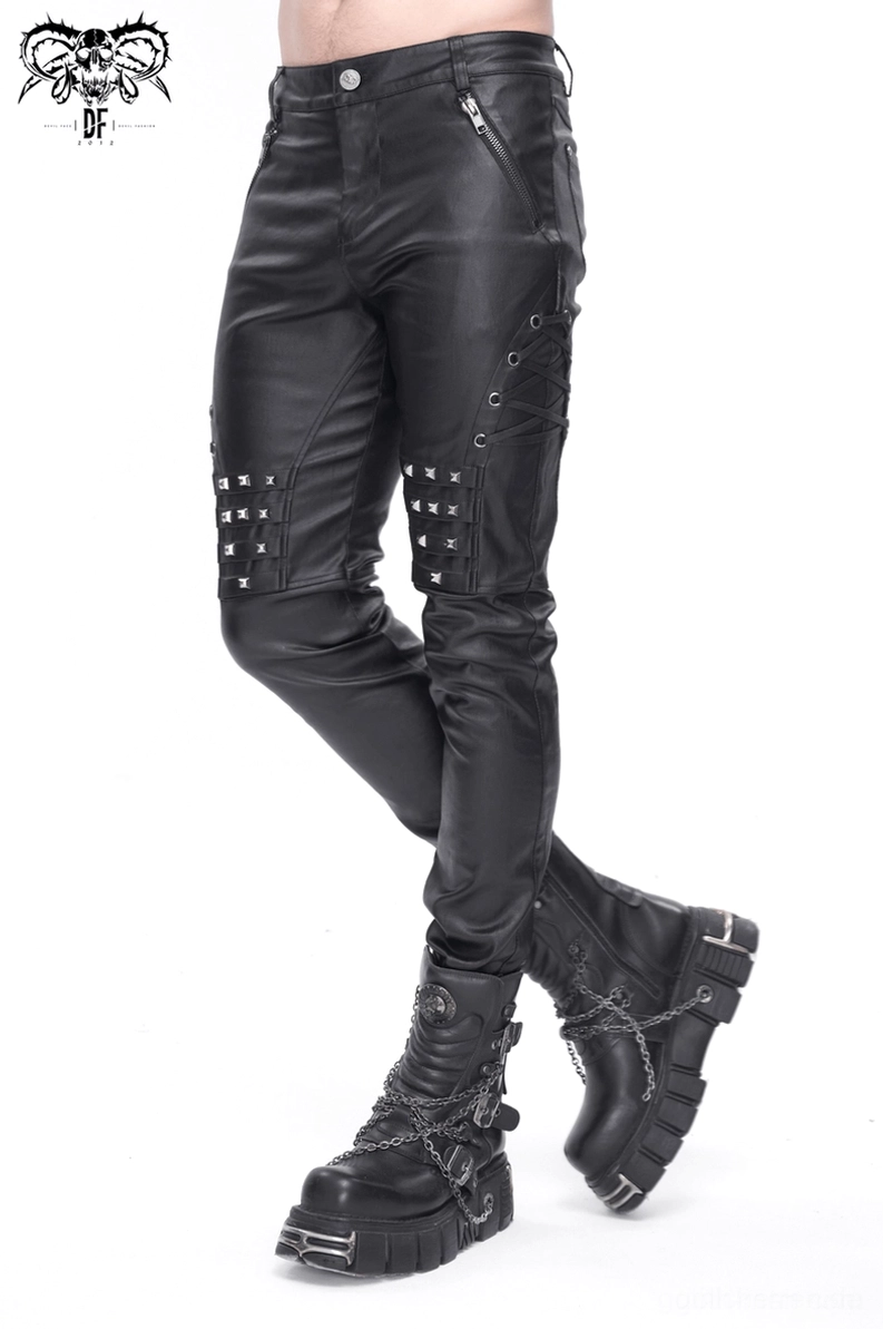 Schwarze Gothic Lederhose tailierte Silhouette Stretchfaktor Passformdetail Alternative Ästhetik Gothic Goth Mode