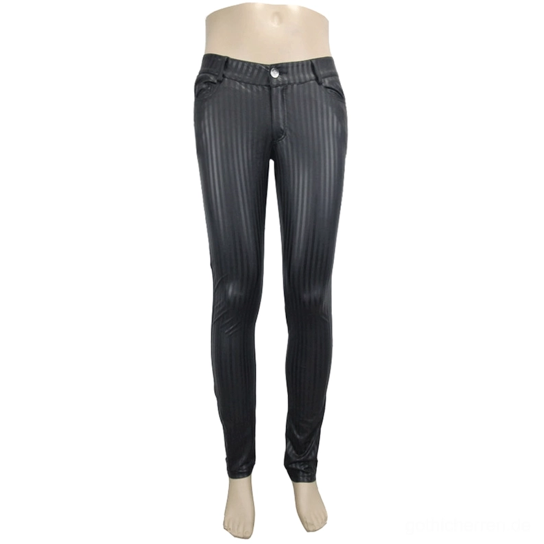 Schaufensterpuppe Präsentation schwarze Vertikalstreifen Gothic Lederhose Herren Slim Fit Frontansicht
