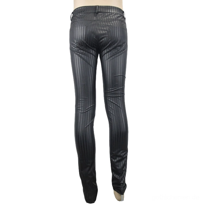 Schaufensterpuppe Rückansicht schwarze Vertikalstreifen Gothic Lederhose Herren tailored slim fit schnitt