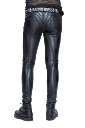 Schwarze Vertikalstreifen Gothic Lederhose Herren Rückansicht fitted silhouette alternative mode dark fashion