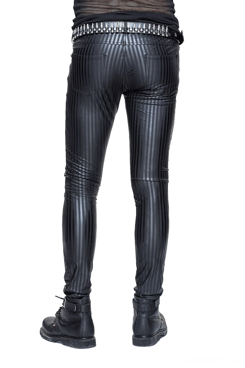 Schwarze Vertikalstreifen Gothic Lederhose Herren Rückansicht fitted silhouette alternative mode dark fashion