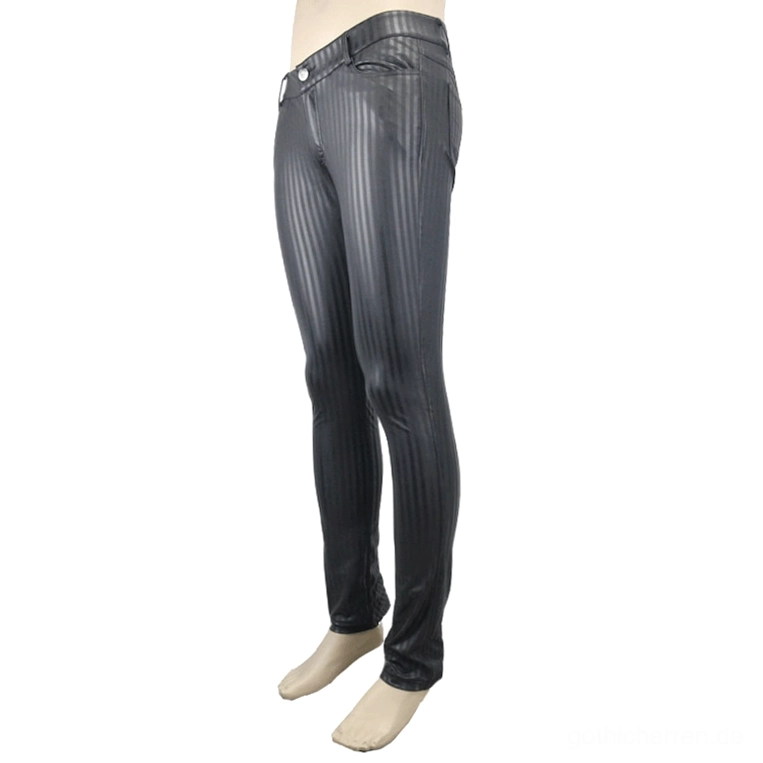 Schwarze Vertikalstreifen Gothic Lederhose Herren Seitenprofil zeigt Slim Fit Schnitt und Streifenmuster Dark Fashion
