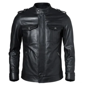 Schwarze Herren-Lederjacke Gothic Biker Slim-Fit mit Stand-Kragen und Metallknöpfen an den Brusttaschen Frontansicht