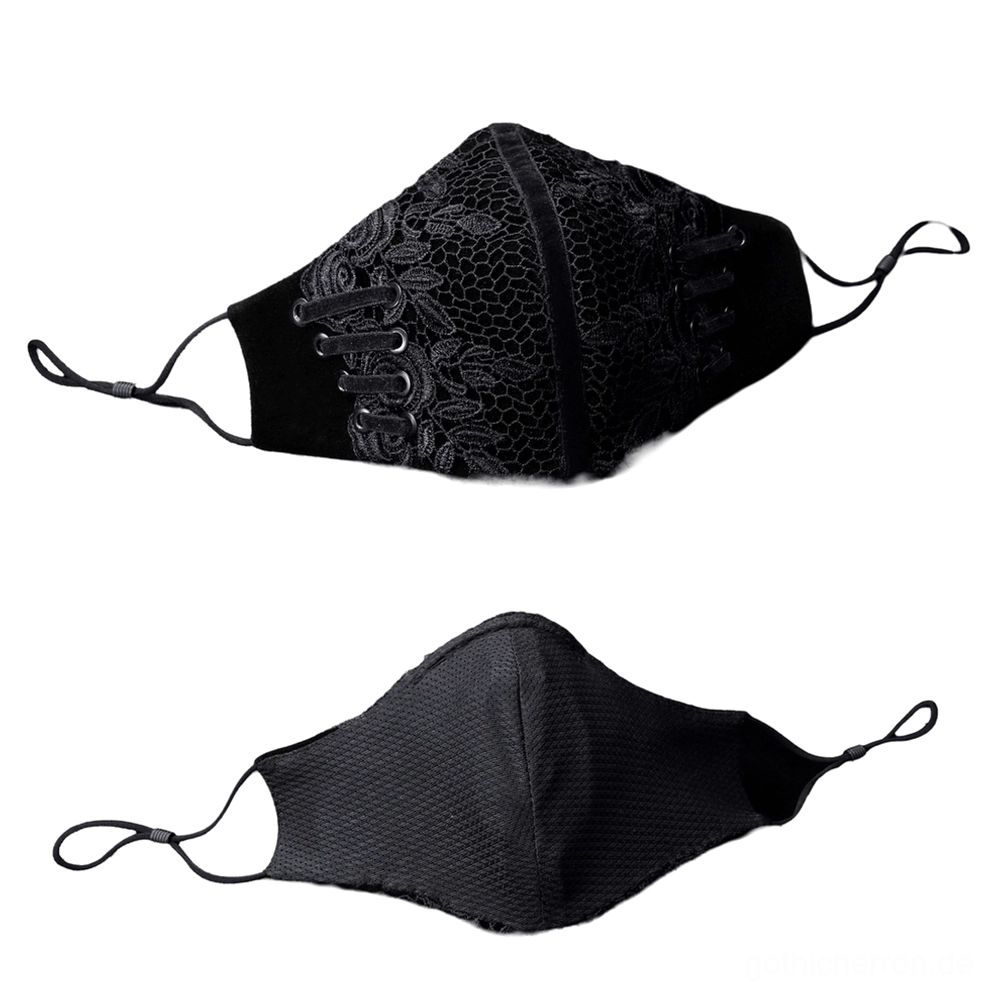 Draufsicht der schwarzen Gothic-Maske mit detailliertem Wabenmuster-Spitzenmuster, floraler Stickerei, ornamentalen Kordelverzierungen und samtlichen Seitenpaneelen für Maskeradenmaske