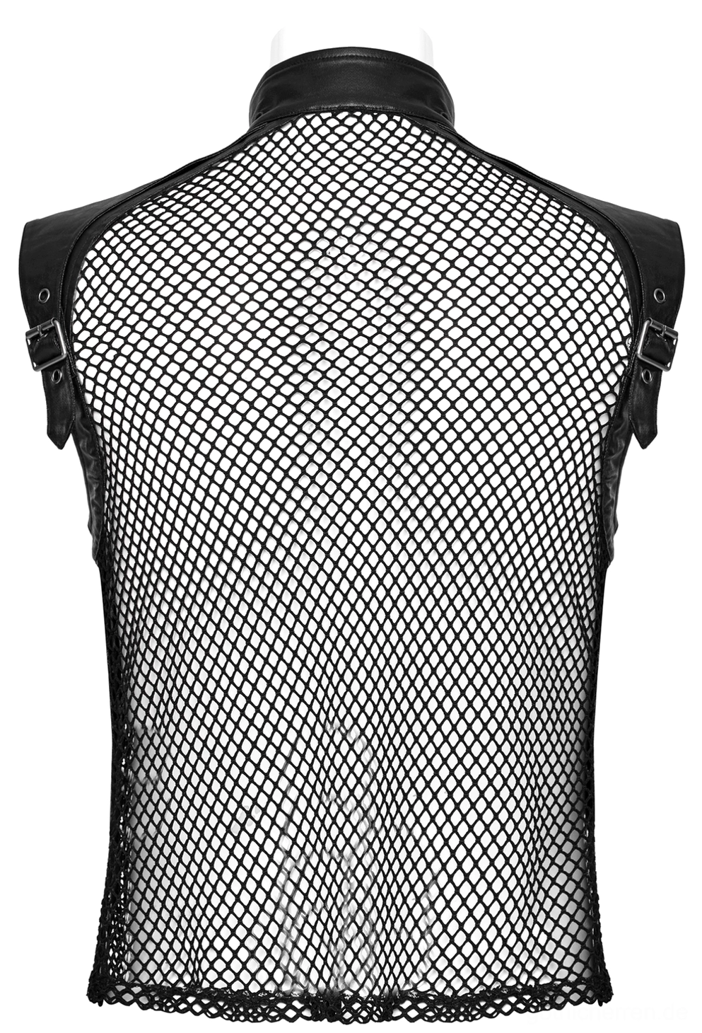 Rückflachaufnahme schwarzer Gothic-Mesh-Lederweste auf Mannequin, zeigt vollständiges Netz-Rückenpanel mit Leder-Kragentrimm