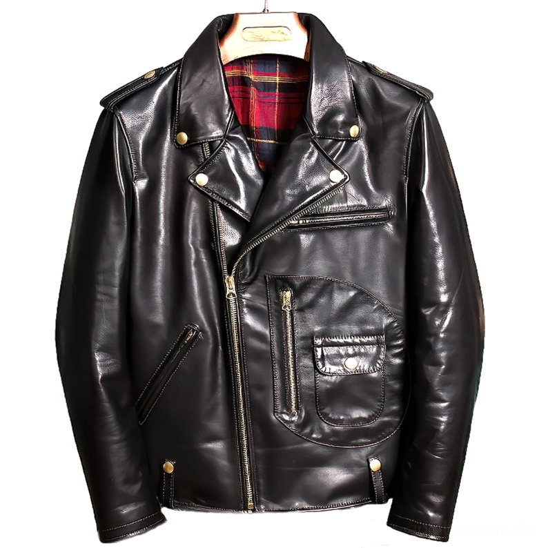 Schwarze echte Lederjacke im klassischen Biker-Stil mit asymmetrischem Verschluss, Messing-Hardware und verborgenem Tartan-Karomuster, Gothic Moto Jacke Vorderseite