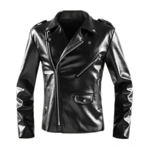 Schwarze gotische Kunstleder-Motorradjacke mit asymmetrischen Reißverschlüssen und gezahntem Reverskragen in Frontansicht Flachaufnahme Studio
