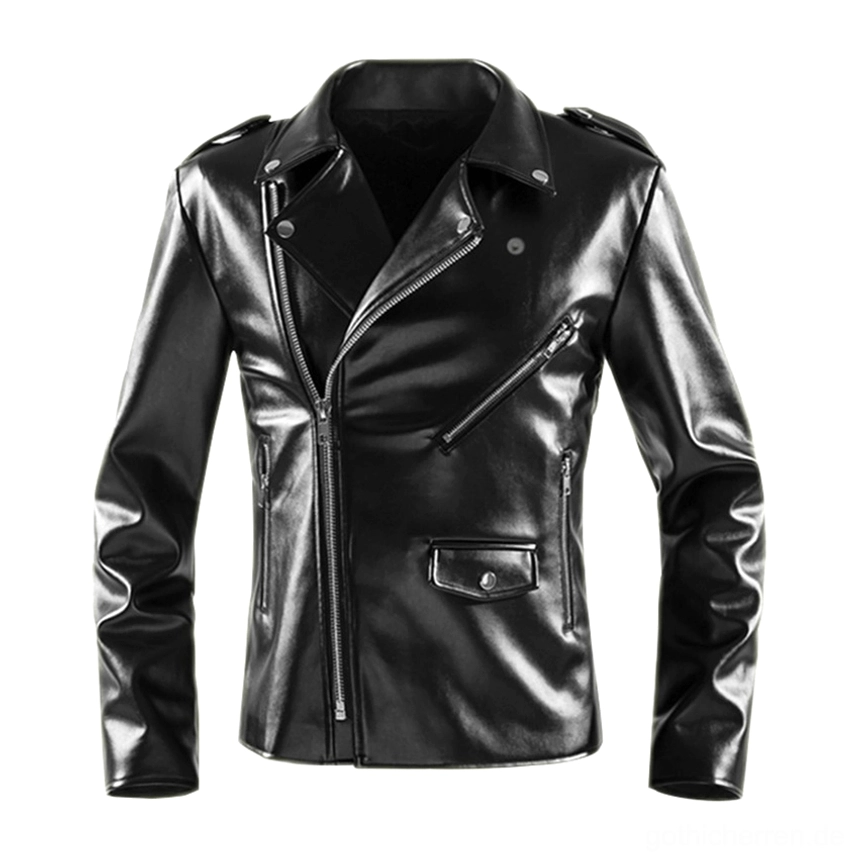 Schwarze gotische Kunstleder-Motorradjacke mit asymmetrischen Reißverschlüssen und gezahntem Reverskragen in Frontansicht Flachaufnahme Studio