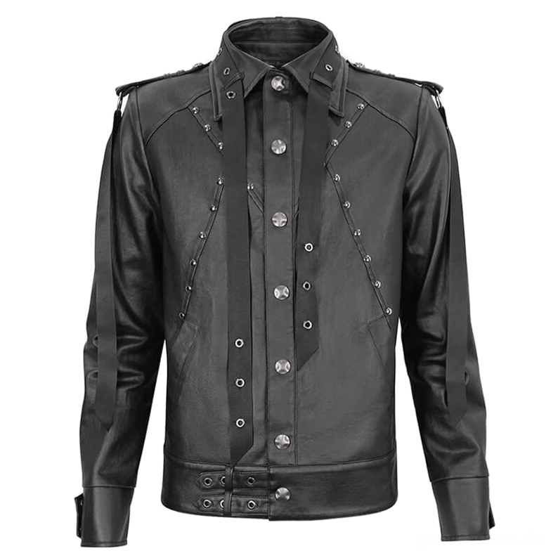 Schwarze Gothic Nietenjacke Flachaufnahme Vorderansicht Metalldruckknöpfe Webbing-Riemen industrial style