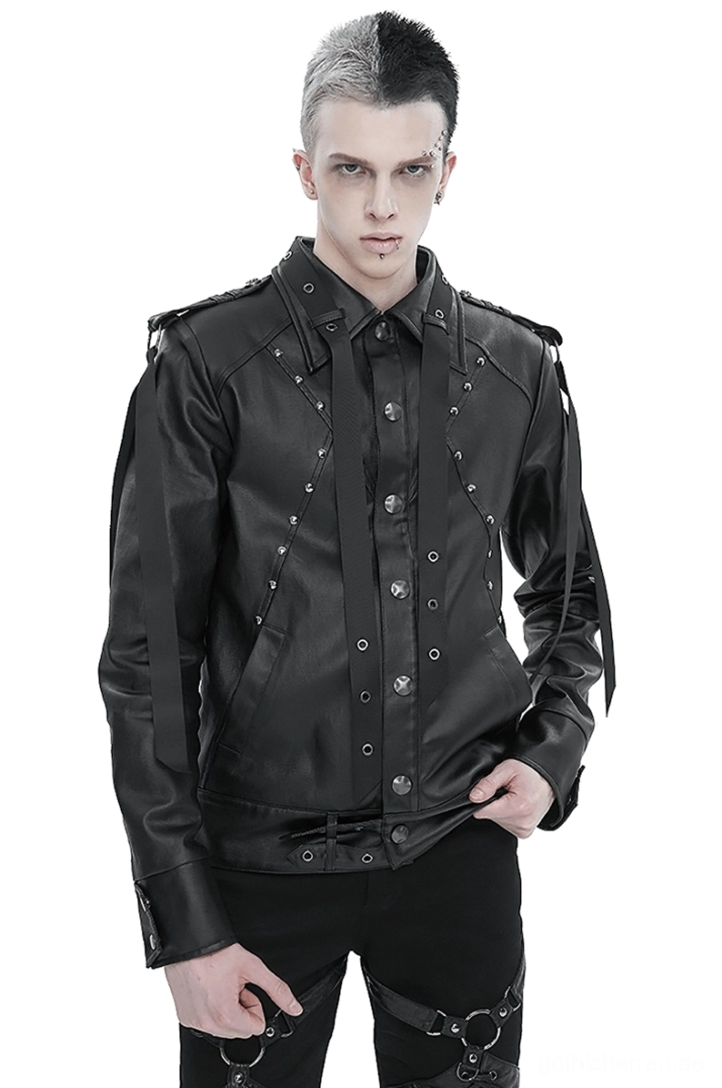 Schwarze Gothic Nietenjacke Vorderansicht auf männlichem Modell mit aufrechtem Kragen und industriellen Metallnieten Details
