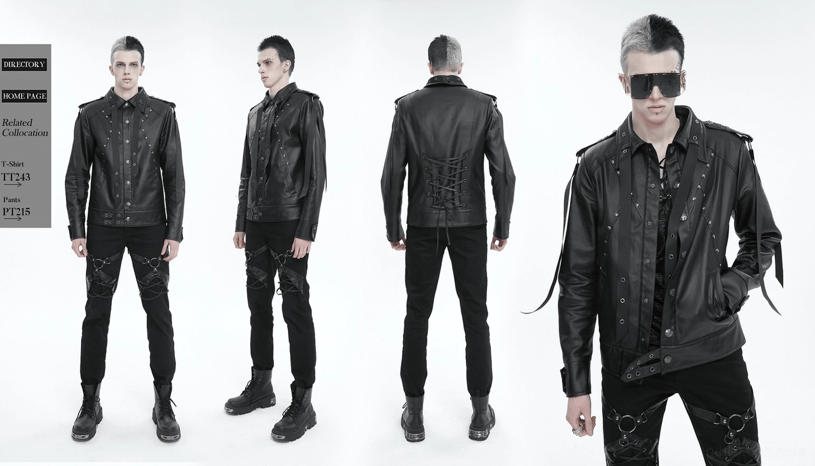 Schwarze Gothic Nietenjacke Komplett-Styling Ansicht mit allen Design-Elementen Schnürrücken Nieten Webbing sichtbar