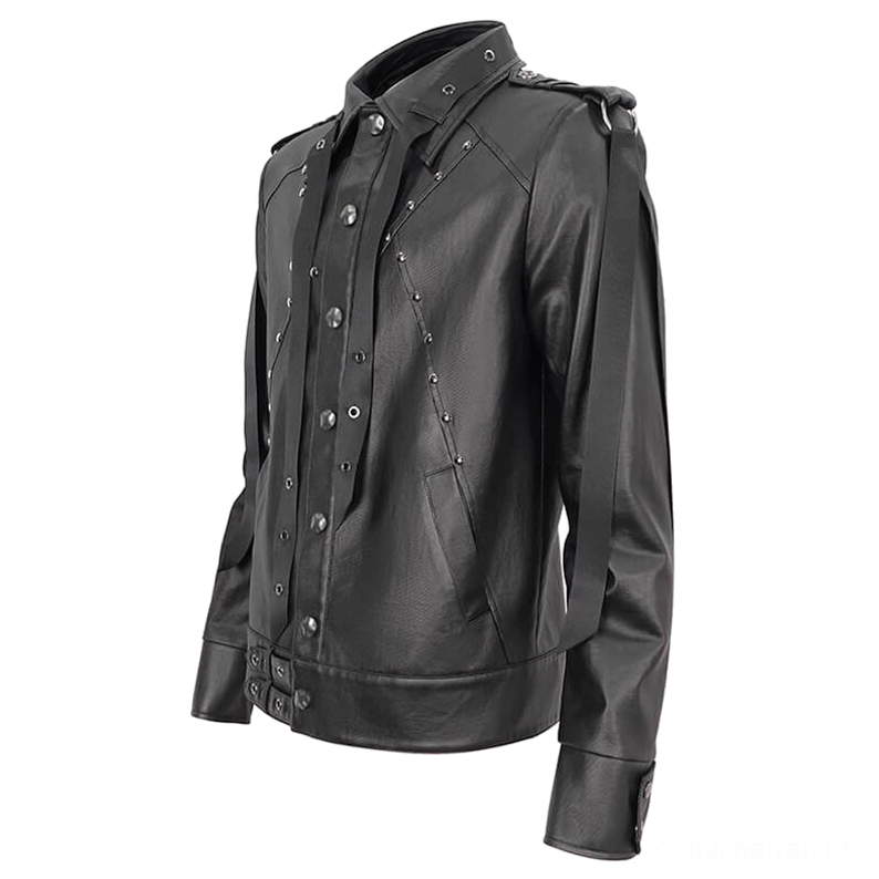 Schwarze Gothic Nietenjacke Seitenansicht Webbing-Riemen Schulterelement Metalldruckknöpfe Verschluss Details