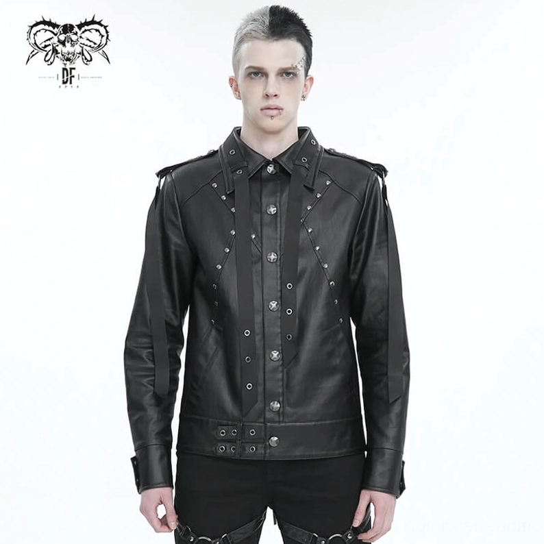 Schwarze Gothic Nietenjacke Tasche und Druckknopf Gehäuse industrielle Ästhetik Front-Taschenbrett Design